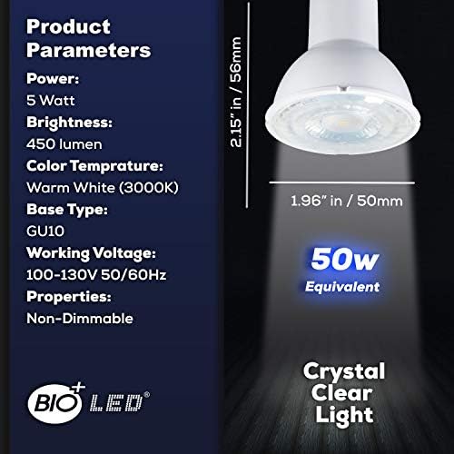 Bioled 10 pacote GU10 5W Lâmpadas brancas de 3000k brancas, lâmpadas de 120V Spotlight, lâmpada de iluminação de pista, lâmpada de iluminação embutida, não-minimizível, 40 ° ângulo de feixe Spotlight