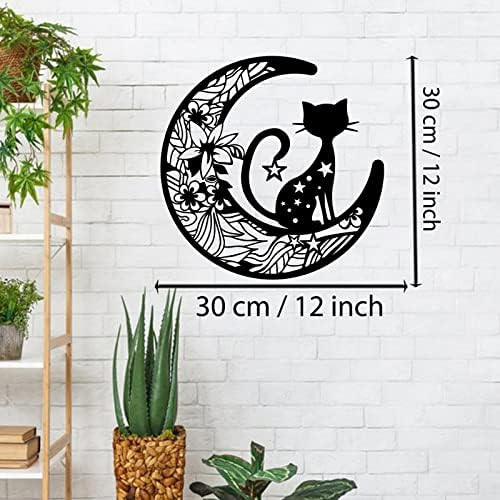 Decoração de parede de gato e lua preto, decoração de arte de parede de metal da lua, flores de gato parede pendurada para sala