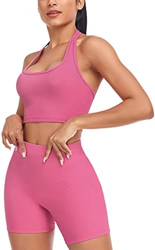 Roupas de treino de vutru para mulheres 2 peças com nervuras de colher de pescoço de altas cintura shorts ative conjunto