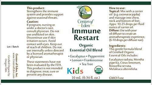 Centro do Eden Reiniciar crianças, mistura de óleo essencial orgânico para suporte imunológico, grau terapêutico puro, eucalipto não-OGM, hortelã-pimenta, tea-árvore, limão, incenso