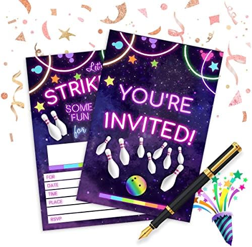 Cartões de convite de festa de aniversário de boliche para adolescentes, Rainbow Neon Glow Bowling Convite com envelopes