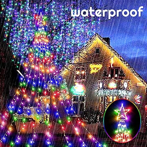 Decorações de Natal Luzes de árvore ao ar livre 2-in 1 branco quente a multicolor 12,7ft 344leds Cachoeira Luzes de estrela
