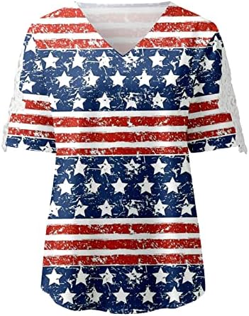 Blusa de brunch para meninas outono de etono de verão de manga curta vneck renda 4 de julho Graphic Relaxed Tops camisetas femininas 2023