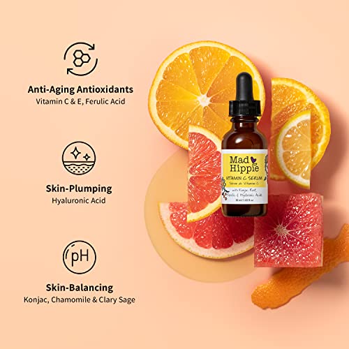 Mad Hippie Vitamin C Serum para rosto com ácido hialurônico, vitamina E e ácido ferúlico - soro face de vitamina C para mulheres/homens,