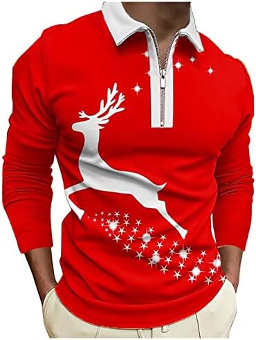 Mens Natal 3D de impressão digital de férias de férias camisa de lapela zíper de manga comprida Camisa atlética de desgaste de homens tops