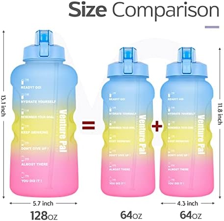 Venture Pal Large 64 e 128 oz garrafa de água com palha motivacional da garrafa de água com marcador de tempo para beber escritório em casa e esportes