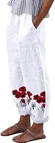 Calça caprieira de verão para mulheres calças estampas florais com bolsos de calça longa e larga algodão casual reto