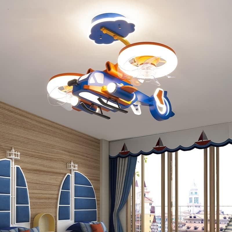 Lâmpada de ventilador de teto de avião de desenho animado de novo com sala de controle remoto meninos, quarto de avião azul.
