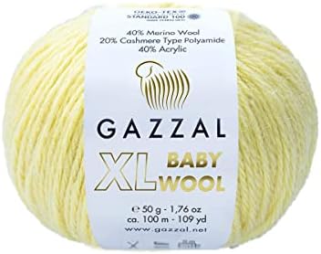1Pack Gazzal Baby Wool XL, 40% de lã merino, 20% de cashmere tipo poliamida, 40% de acrílico, cada um de 1,76 oz / 109 jardas,