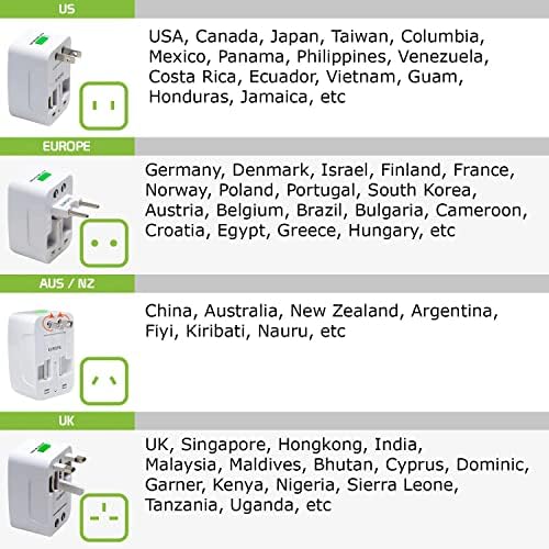 Viagem USB Plus International Power Adapter Compatível com o Honor 6 Plus for Worldwide Power para 3 dispositivos USB TypeC, USB-A para viajar entre nós/EU/AUS/NZ/UK/CN