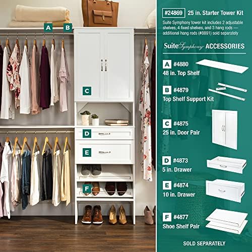 Closetmaid Suitesymphony Wood Closet Conjunto, adicione o estilo de agitador de acessórios, para armazenamento, roupas, unidades, níquel