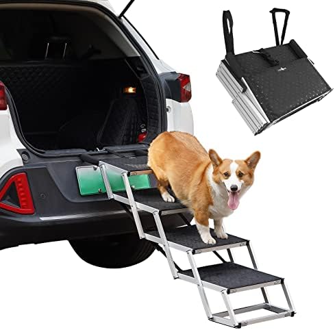 Rampa de carros para cães, escadas dobráveis ​​para cães para cães grandes, rampa de cães leves de alumínio para carros, SUVs e caminhões, degraus de cães com superfície sem deslizamento, suporta 150 libras, 4 etapas