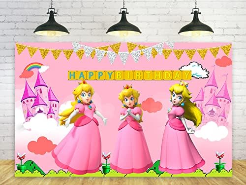 Princess Peach Supplies Party Supplies, Princess Peach Theme Photo Background, Pink Banner para Festa de Aniversário Caketable Decoration, 5x3ft