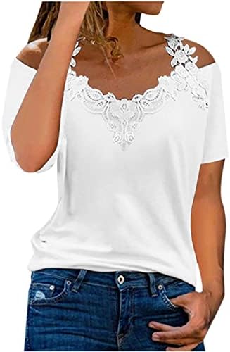 Womens Lace V Neck T camisetas 2023 Sexy Off ombro de manga curta Tops Floral Impresso Summer camise
