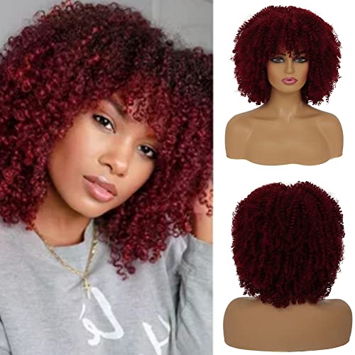 Dai nuvem vinho curto vermelho encaracolado com franja perucas fofas afro para mulheres negras com aparência natural peruca sintética