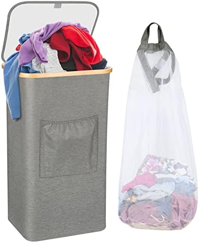 Glconn grande cesto de lavanderia com tampa, cesta de lavanderia alta de 105L com bolsa removível + maçaneta de bambu, roupas de