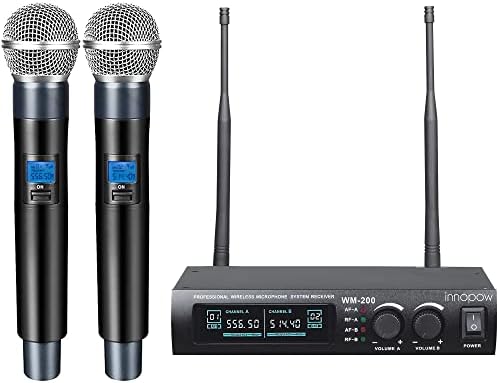 Sistema de microfone sem fio do Innopow, conjunto de microfone sem fio de metal uhf duplo, longa distância 150-200 pés, 16 horas contínuo,