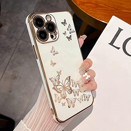 Ztofera para iPhone 14 Pro Case, caixa de proteção para mulheres fofas eletroplatou Butterfly Gold Edge Slim Slim Soft Bumper