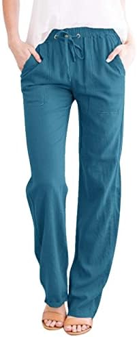 Calças de linho femininas mtsdjskf, calça de linho de algodão de cordão larga de perna alta sólida com bolsos de verão calças