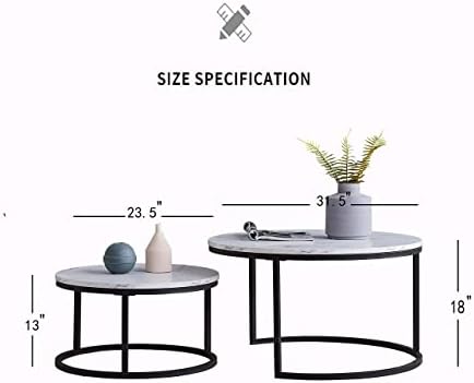 Mesa de café moderna de ninho, ninho lateral do sofá de mármore de mesas de extremidade redonda, conjunto de 2, moldura de cor preta com madeira superior- 32 ”e 24” conjunto de mesa