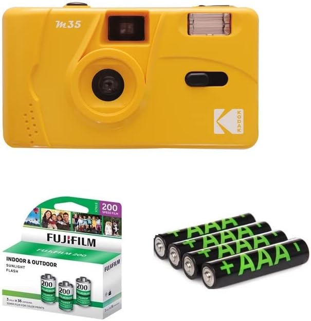 Kodak M35 Câmera de filme de 35 mm, pacote de filmes e bateria: inclui 3 pacotes de filmes negativos coloridos de fujifilm, 4 pacote de baterias alcalinas AAA