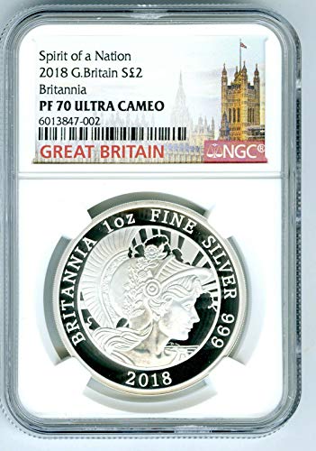 2018 Grã -Bretanha 1 oz Silver Britannia Spirit of a Nation Proof S2PD PF70 UCAM NGC