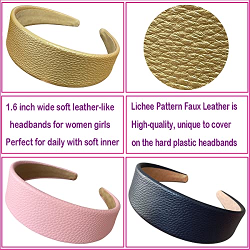 Bandas de cabeça de moda de 3pcs para mulheres meninas de 1,5 polegada de couro vegano sólido bandas de cabelo largura de couro falso de couro marinho de ouro rosa