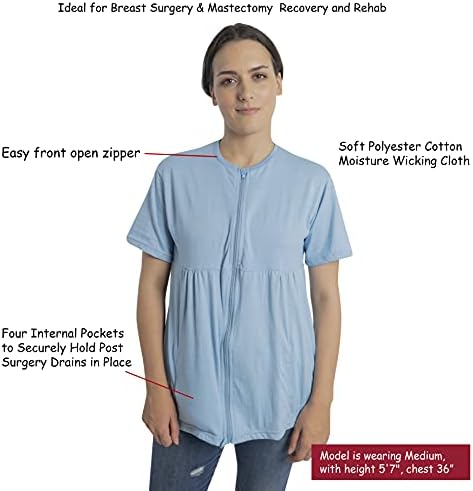 Confortos inspirados camisa de recuperação de mastectomia com bolsos de drenagem e prendedores para reter tubos de drenagem