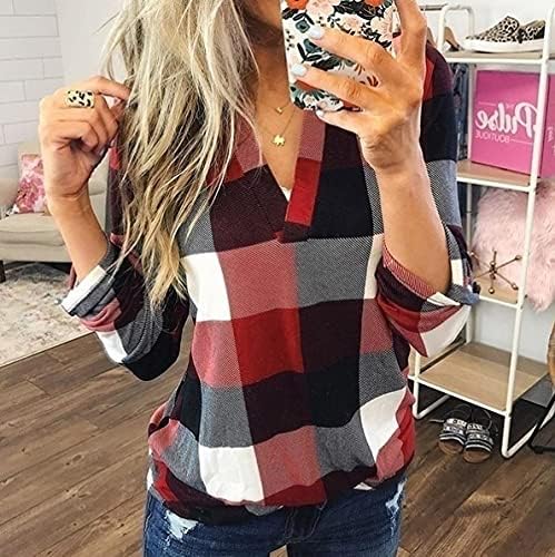 ANDONGNYWELKWELL Feminino Casual Casual Viazas V Camises Plaid Camisetas Longas Túnicas Top Túnicas Túnicas