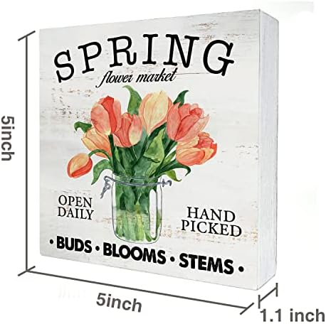 Spring Flower Market Caixa de madeira sinal decoração de casa rústica citação de primavera placa de placa de placas de placa