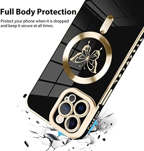 Bonoma para iPhone 12 Pro Max Case [Suporte para MagSafe] Padrão de borboleta Eletroplate de revestimento magnético Luxo Elegante Protetor de Câmera de Câmera Soft TPU Canto traseiro protetor à prova de choque -preto