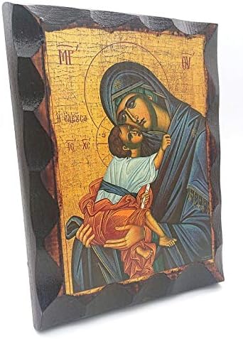 Abençoado Ícone de madeira grega de madeira, Ícone artesanal da Virgem Maria Eleta