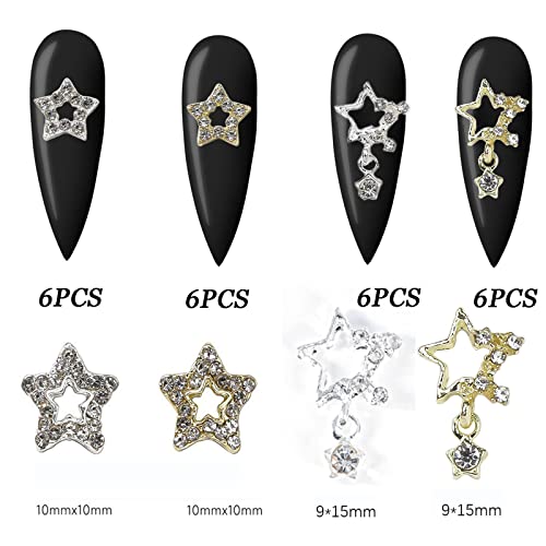 24 PCs Star Nail Art Charms, Stars de liga de cristal 3D moldam gemas de unhas strass para unhas de acrílico, jóias de unhas de metal