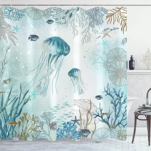 Cortina de chuveiro náutico Neasow, cortinas de chuveiro de casca de casca de praia de barraca com 12 ganchos, cortina de banheiro de coral 72 × 72