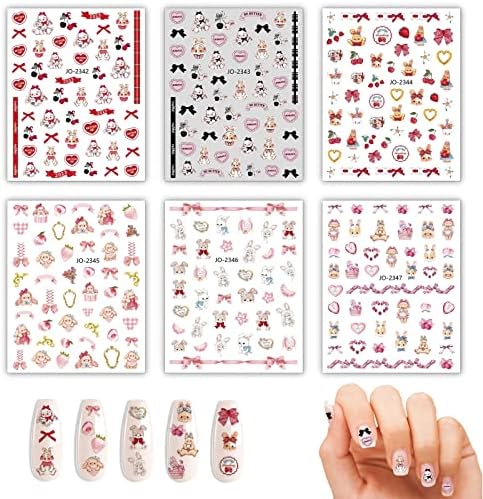6 adesivos de arte de unhas de desenho animado - suprimentos de arte de unhas auto -adesiva 3D, adesivos de arte de unhas de desenho animado fofos, decorações de acessórios de unhas projetados para mulheres meninas