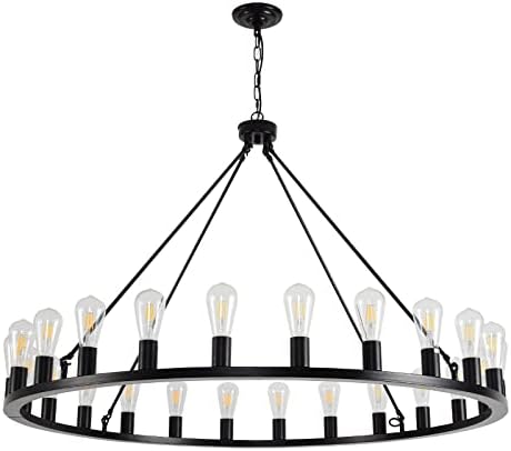 WOGON WEEL WAGON CHANDELIER DE RODA 24 LUGADA 48 polegadas, lustre de fazenda rústica redonda preta, mais grande