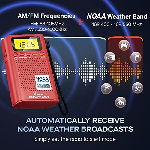 Vondior portátil Rádio meteorológico NOAA, rádio de emergência NOAA/AM/FM operada por bateria com melhor recepção,