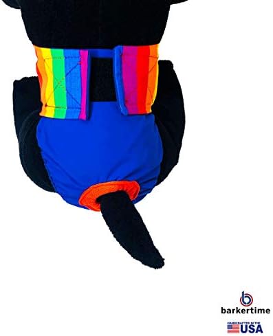 Listras de arco -íris de Barkertime na fralda de cachorro premium em azul royal, xxl, com orifício de cauda - feito nos EUA