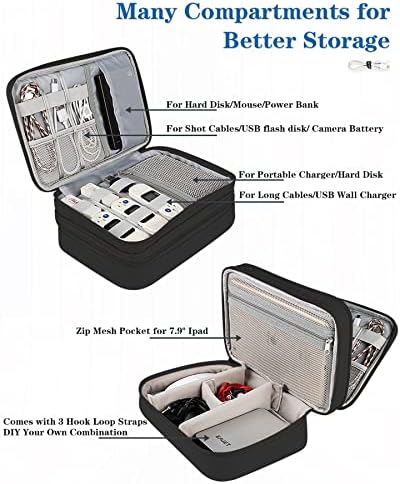 Organizador de viagens com eletrônicos de Teskyer, caixa de armazenamento de acessórios eletrônicos de duas camadas de grande capacidade, bolsa de organizador de cabo portátil para discos rígidos, cabos, carregador, telefone, USB, cartão SD, 9.25x6.49x3.54 polegadas, preto