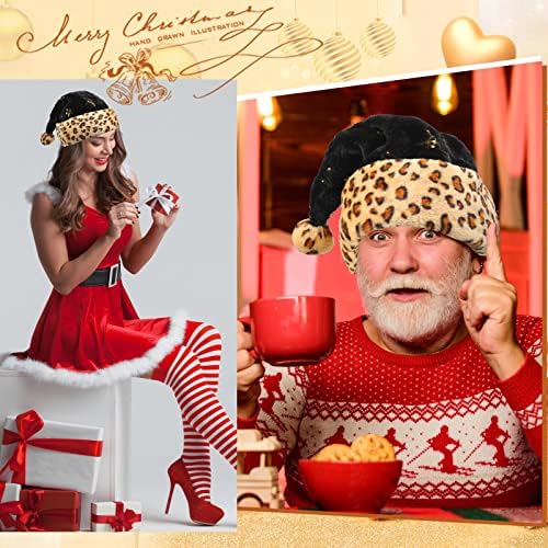 Eboot Black Papai Noel, acabamento em leopardo, chapéu de Natal preto chapéu de chapéu peludo impressão de chapéus de natal com caixas de presente kraft para adultos homens homens homens de Natal