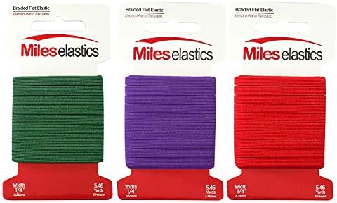 Miles Elastic 3 Pack colored trançada plana de 1/4 de polegada Band para costura e artesanato. Cinta elástica durável, corda elástica,
