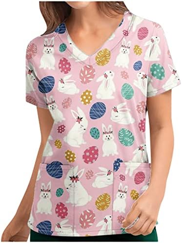 Tops de verão femininos impressos casuais de manga curta V pescoço solto e confortável de camiseta diária confortável com bolso