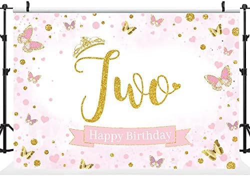 Hilioens 5 × 3ft menina de 2º aniversário Rosa Princesa Princesa Segunda Decorações de Aniversário Butterfly banner Dots de ouro