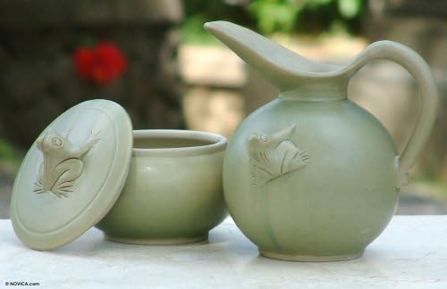 Novica Health Ceramic Sugar Bowl e Creamer Set, verde, 10 onças, sapo extravagante '