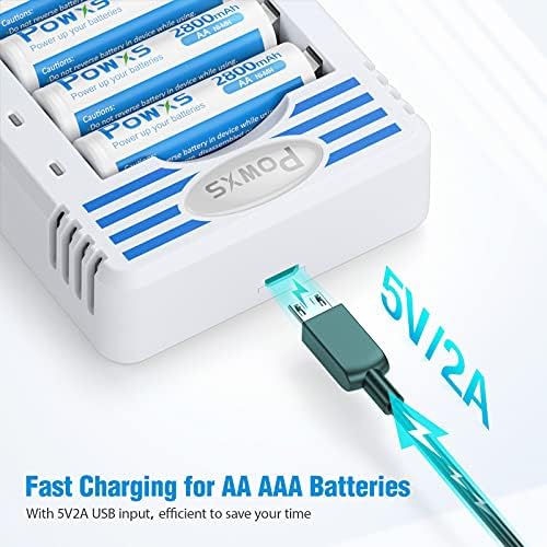 Powxs 8 Bay AA AAA Carregador de baterias, carregador de bateria independente e rápido para baterias recarregáveis ​​de 1,2V