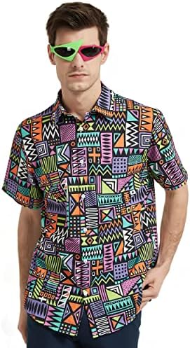 Camisas dos anos 80 para homens de manga curta 80s 90s Disco Retro Casual Down Down Hawaiian Shirt for Men com óculos