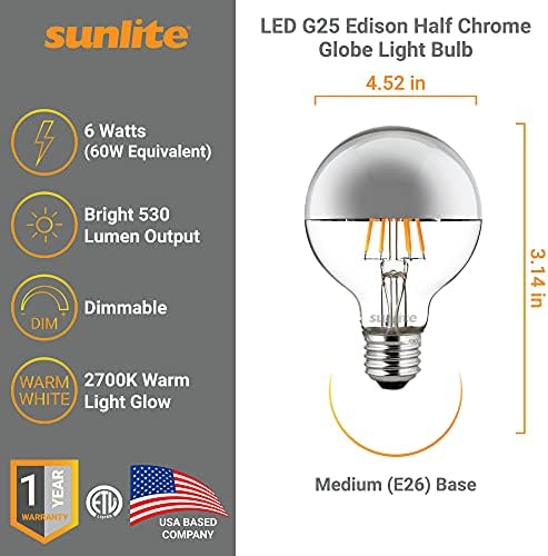 Sunlite 80494 LED G25 Edison Half Chrome Globe Bulb, 6 watts, base E26 padrão, 530 lúmens, tigela de prata decorativa, diminuída, filamento anti-Glare 1 pacote, 2700k Warm White