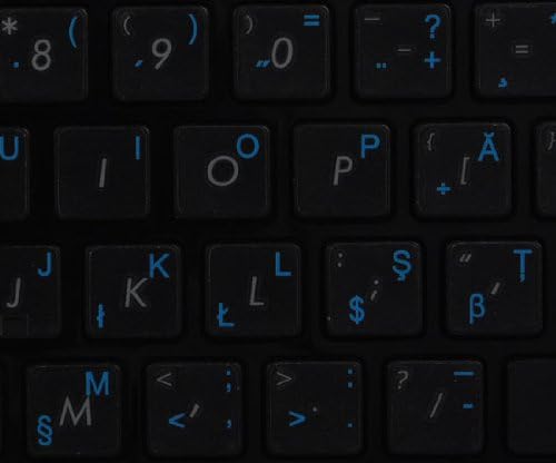 Etiquetas do teclado romeno em fundo transparente com letras azuis