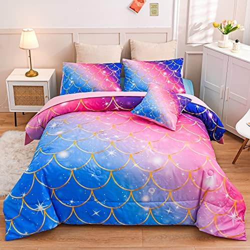 YLEHOC 6 PCS Mermaid Scale Conjunto de edredom Twin Bed em uma bolsa Bedding de brilho de arco-íris colorido para meninos garotos Ultra-Soft