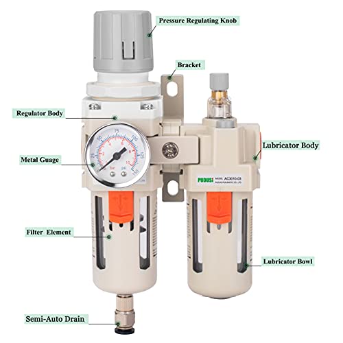 PUDUSI 1/2 NPT Regulador de filtro de ar comprimido Combo Lubricactor, separador de água do compressor de ar, medidor de 0-150